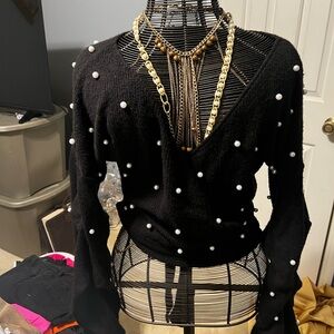 Fashion Nova Black V-Neck Sweater with Pearl Details